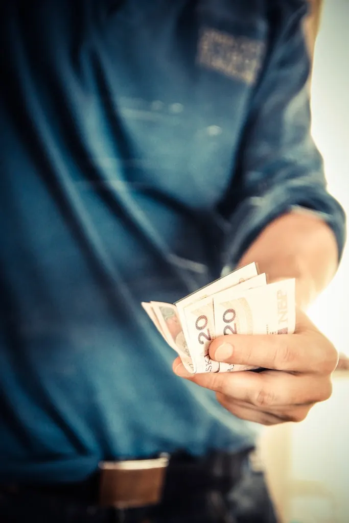 Person in a denim shirt counting a small stack of paper banknotes, face out of frame