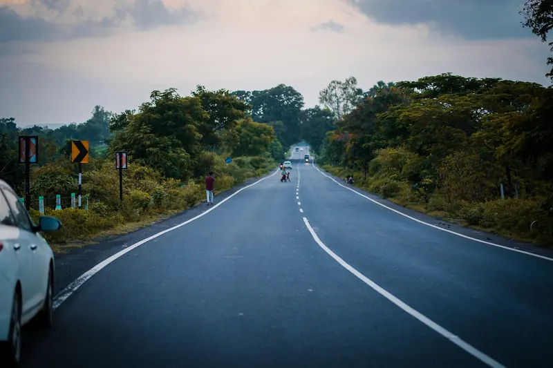 Two-lane asphalt road with white lane markings stretching through green trees
